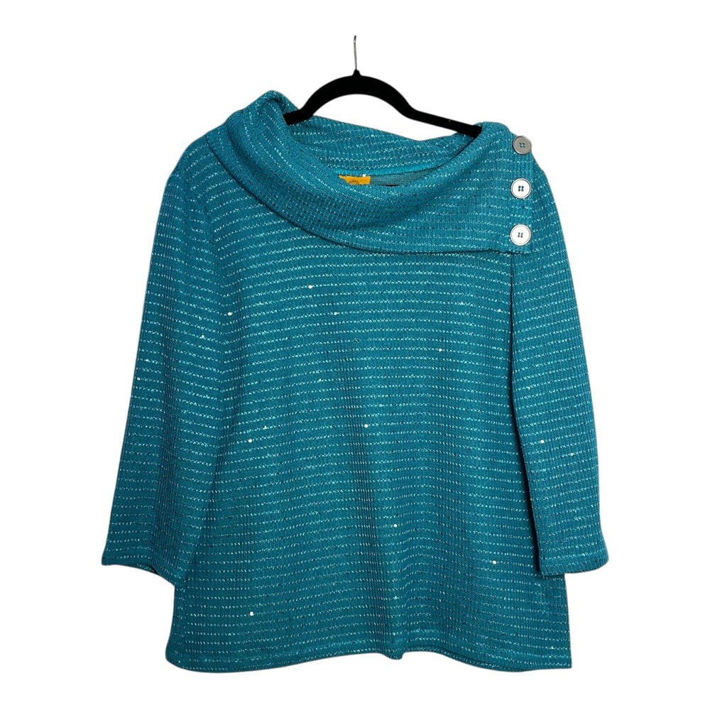 Ruby Rd Womens Teal Blue Sequin Cowl Neck 3/4 Sleeve Top Style 43156 Size‎ Large